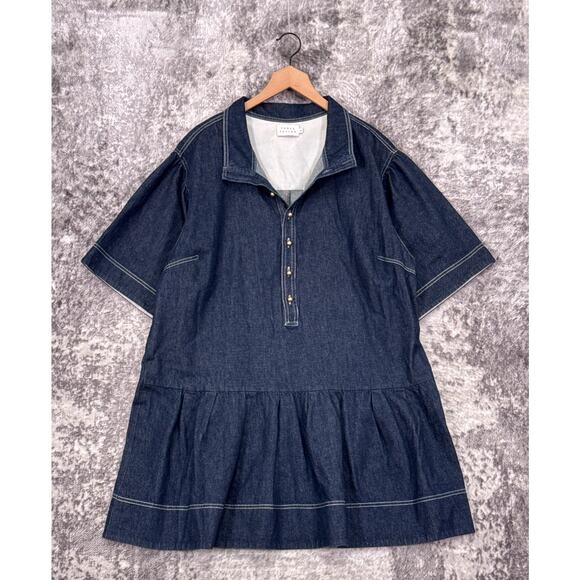 Tanya Taylor Dress 2X Womens Kenley Dark Indigo Denim Drop Waist Knee Length - Picture 1 of 7